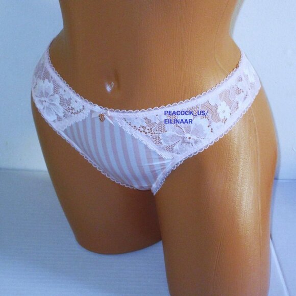 Victoria Secret Body by Victoria Satin Lace Thong Panty Size S Pink White Stripe - Picture 4 of 7